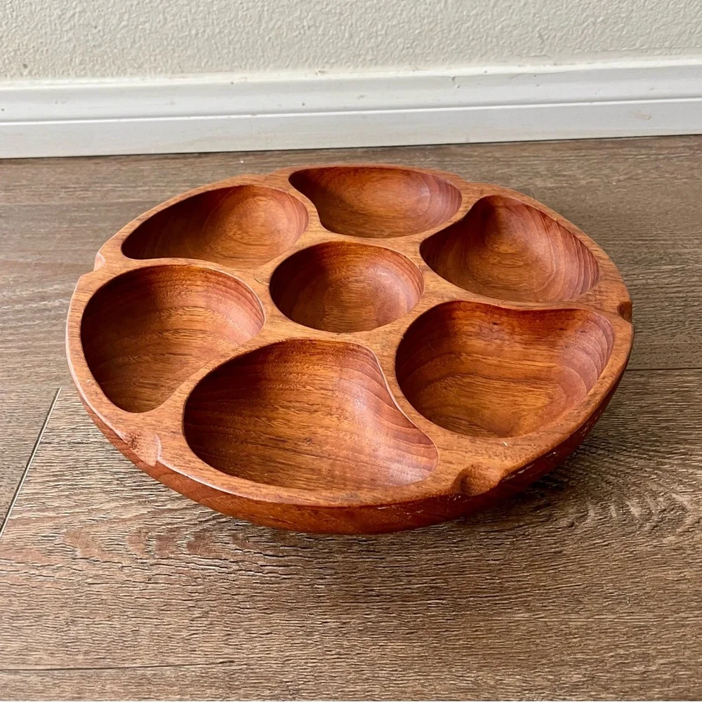 Vintage Teak Wood Lazy Susan Carousel Serving Bowl 12